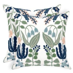 Alysheer Summer Floral Embroidered Decorative Throw Pillow Covers 18"x 18" Set of 2, Farmhouse Navy Blue Flowers Green Leaves Tufted Patterned Cotton Cushion Cases for Couch Bed Living Room Decor