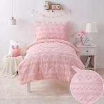 Pink Toddler Bedding Set for Girls 4-Piece Boho Tufted Toddler Comforter Set Jacquard Tufts Bed-in-a-Bag Crib Toddler Bed Sheet Set for Kids with Comforter, Flat Sheet, Fitted Sheet, Pillowcase