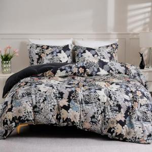 LONAVA Queen Duvet Cover Set Printed 3 Pieces, (No Comforter) 1 Lightweight Flower Black Duvet Cover with Zipper Closure and 2 Pillowcases,Premium Soft Microfiber (Midnight Blossoms)