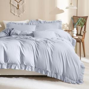 QSH Washed Cotton Ruffle Duvet Cover King Size,3 Pieces Cornflower Blue Farmhouse Vintage Shabby Comforter Cover Linen Feel French Country Rustic Bedding Set Soft Breathable Quilt Cover Set
