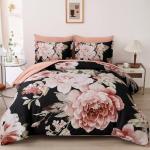 Dintszyayue Queen Comforter Set Black 7 Pieces Bed in a Bag, Pink Floral Bedding Sets Elegant Flower Bed Set Lightweight Comforter for All Season with Flat Sheet, Fitted Sheets, Pillowcases & Shams