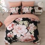 Dintszyayue Queen Comforter Set Black 7 Pieces Bed in a Bag, Pink Floral Bedding Sets Elegant Flower Bed Set Lightweight Comforter for All Season with Flat Sheet, Fitted Sheets, Pillowcases & Shams