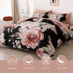 Dintszyayue Queen Comforter Set Black 7 Pieces Bed in a Bag, Pink Floral Bedding Sets Elegant Flower Bed Set Lightweight Comforter for All Season with Flat Sheet, Fitted Sheets, Pillowcases & Shams
