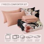Dintszyayue Queen Comforter Set Black 7 Pieces Bed in a Bag, Pink Floral Bedding Sets Elegant Flower Bed Set Lightweight Comforter for All Season with Flat Sheet, Fitted Sheets, Pillowcases & Shams