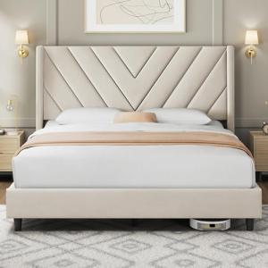 Yaheetech Queen Bed Frame Upholstered Platform Bed with Wing Side/Wooden Slat Support/Tufted Headboard with Wing Side/Mattress Foundation/No Box Spring Needed,Beige Queen Bed