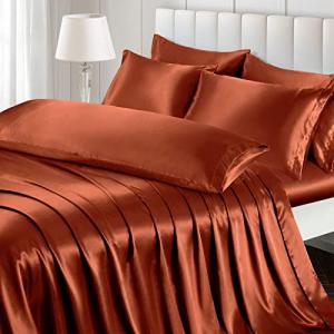 Ersmak 7 Pieces Satin Sheets Set Full Size, Luxury Silky Rust Orange Satin Bed Sheets Set with 1 Deep Pocket Fitted Sheet, 1 Soft Flat Sheet, 4 Queen Pillowcases and 1 Body Pillowcase