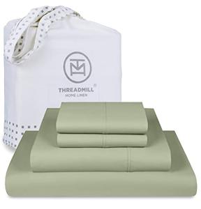 Threadmill Cotton Queen Sheet Set | 100% Cotton Sheets for Queen Size Bed | Solid Sateen Queen Bed Sheets Set with 16” Deep Pocket | Soft Breathable 4-Piece Cooling Bedding Sheet Set | Sage Green