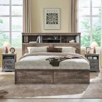 ACCOHOHO King Size Bed Frame with 52" High Storage Headboard and 4 Drawers,Wood Bed Frame with LED Light and Charging Station,Warm Brown