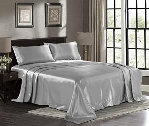 Pure Bedding Satin Sheets Full [4-Piece, Silver] Hotel Luxury Silky Bed Sheets - Extra Soft 1800 Microfiber Sheet Set, Wrinkle, Fade, Deep Pocket Fitted Sheet, Flat Sheet, Pillow Cases