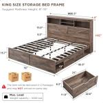 ACCOHOHO King Size Bed Frame with 52" High Storage Headboard and 4 Drawers,Wood Bed Frame with LED Light and Charging Station,Warm Brown
