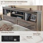 ACCOHOHO King Size Bed Frame with 52" High Storage Headboard and 4 Drawers,Wood Bed Frame with LED Light and Charging Station,Warm Brown