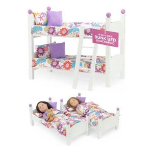 Emily Rose Doll Clothes 18-inch Doll 2 Stackable White Wooden Beds Bunk Bed with Colorful Bedding & Pillows - Bedroom Furniture Toy Bunkbed Playset - Ideal for 14"-18" Dolls | USA Business