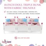 Emily Rose 18 Inch Doll Furniture - 3 White Single Stackable Wooden Beds - Triple Bunkbed Bunk with (3) Colorful Bedding Sets & Pink Clothing Storage Drawer | USA Business