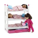 Emily Rose 18 Inch Doll Furniture - 3 White Single Stackable Wooden Beds - Triple Bunkbed Bunk with (3) Colorful Bedding Sets & Pink Clothing Storage Drawer | USA Business