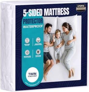 Utopia Bedding Waterproof 5-Sided Mattress Protector Twin Size, Premium Breathable Mattress Cover, Fitted Style with Stretchable Pockets (White)