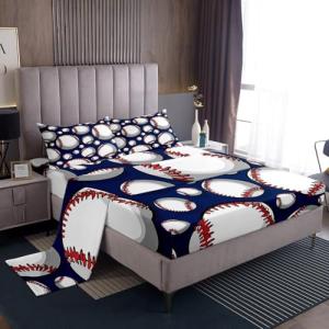Baseball Sheet Set Sports Theme Bedding Set for Kids Boys Girls Teens 3D Blue Ball Pattern Bed Sheets Breathable Baseball Games Bed Sheet Set Room DecorBed Set Full Size