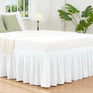 Vocander White Queen Size Bed Skirt 14 Inch Drop, Elastic Wrap Around Dust Ruffle Bed Skirting Easy to Install, Adjustable Tailored Bedskirts Fade & Wrinkle Resistant
