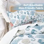 Coastal Bedding King Size Coastal Quilt with 2 Shams, Nautical Beach Comforter Sets Ocean Bedspreads Blue Seahorse Coverlet Summer Bedding, 96''x106''