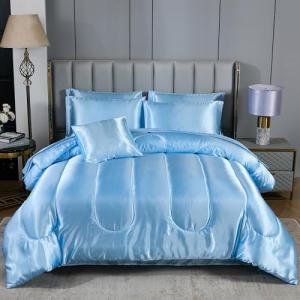 Silk Like Blue Comforter Set with Sheet Sets Full 8 Pieces Satin Bedding Silky Bed-in-a-Bag Luxury Hotel Light Blue with 1 Cushion Cover