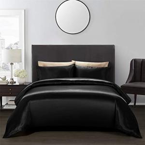 AiMay 3 Piece Satin Duvet Cover Set Bedding Sets Queen Black 1800 Series Luxury Rich Silk Silky Super Soft Solid Color Reversible Zipper Closure Sexy Honeymoon Wrinkle Free (Queen, Black)