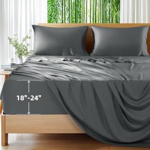 Shilucheng 100% Viscose Derived from Bamboo_Sheets, Extra Deep Pocket Sheets Fits 18"-24" Thick Mattress, Cooling & Breathable Bed Sheets 4Pcs, Hotel Silky Bedding Set (Queen,Dark Grey)