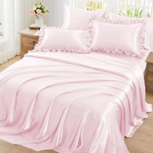 Homiest Ruffled Satin Sheets Queen Size 6pc Set - Blush Pink Bed Sheet Set with 15 Inch Deep Pocket Fitted Sheet, 1 Flat Sheet, 2 Ruffled Pillow Shams & 2 Pillowcases, Similar to Silk Sheets