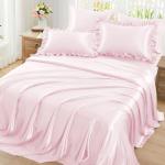 Homiest Ruffled Satin Sheets Queen Size 6pc Set - Blush Pink Bed Sheet Set with 15 Inch Deep Pocket Fitted Sheet, 1 Flat Sheet, 2 Ruffled Pillow Shams & 2 Pillowcases, Similar to Silk Sheets