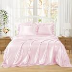 Homiest Ruffled Satin Sheets Queen Size 6pc Set - Blush Pink Bed Sheet Set with 15 Inch Deep Pocket Fitted Sheet, 1 Flat Sheet, 2 Ruffled Pillow Shams & 2 Pillowcases, Similar to Silk Sheets