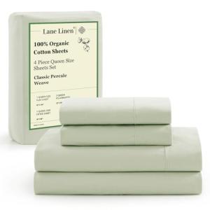 LANE LINEN 100% Organic Cotton Sheets Queen Size Bed Set, Machine Wash Eco Friendly Sustainably Produced Cotton Queen Sheet Set, Soft & Comfy Long Stabple Naturally Cooling Sheets– Mineral