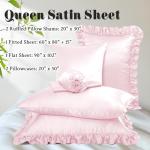Homiest Ruffled Satin Sheets Queen Size 6pc Set - Blush Pink Bed Sheet Set with 15 Inch Deep Pocket Fitted Sheet, 1 Flat Sheet, 2 Ruffled Pillow Shams & 2 Pillowcases, Similar to Silk Sheets