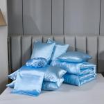 Silk Like Blue Comforter Set with Sheet Sets Full 8 Pieces Satin Bedding Silky Bed-in-a-Bag Luxury Hotel Light Blue with 1 Cushion Cover