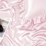 Homiest Ruffled Satin Sheets Queen Size 6pc Set - Blush Pink Bed Sheet Set with 15 Inch Deep Pocket Fitted Sheet, 1 Flat Sheet, 2 Ruffled Pillow Shams & 2 Pillowcases, Similar to Silk Sheets