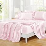Homiest Ruffled Satin Sheets Queen Size 6pc Set - Blush Pink Bed Sheet Set with 15 Inch Deep Pocket Fitted Sheet, 1 Flat Sheet, 2 Ruffled Pillow Shams & 2 Pillowcases, Similar to Silk Sheets
