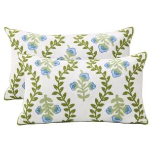 Pilmandu Set of 2 Embroidered Decorative Throw Pillow Covers Couch Square Pillowcases Cushion for Bedroom Sofa Farmhouse Decor 12x20 Inch (Blue Floral-Lumbar)