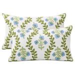 Pilmandu Set of 2 Embroidered Decorative Throw Pillow Covers Couch Square Pillowcases Cushion for Bedroom Sofa Farmhouse Decor 12x20 Inch (Blue Floral-Lumbar)