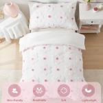 Cozyholy Toddler Bedding Set Girls Floral Bed Set Cute Bedding Comforter Set with Tufted Daisy Flowers, Lightweight Toddler Quilts Set, Include Comforter,Flat Sheet,Fitted Sheet,Pillowcase, Pink