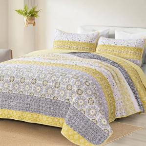 WONGS BEDDING Boho Quilt Set Queen, Yellow Bohemian Striped Patchwork Bedspread Coverlet Set with 2 Pillowcases,Lightweight Microfiber Floral Bedding Set 96"×90"