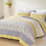 WONGS BEDDING Boho Quilt Set Queen, Yellow Bohemian Striped Patchwork Bedspread Coverlet Set with 2 Pillowcases,Lightweight Microfiber Floral Bedding Set 96"×90"