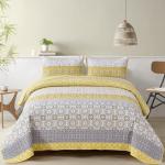 WONGS BEDDING Boho Quilt Set Queen, Yellow Bohemian Striped Patchwork Bedspread Coverlet Set with 2 Pillowcases,Lightweight Microfiber Floral Bedding Set 96"×90"