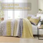 WONGS BEDDING Boho Quilt Set Queen, Yellow Bohemian Striped Patchwork Bedspread Coverlet Set with 2 Pillowcases,Lightweight Microfiber Floral Bedding Set 96"×90"