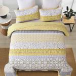 WONGS BEDDING Boho Quilt Set Queen, Yellow Bohemian Striped Patchwork Bedspread Coverlet Set with 2 Pillowcases,Lightweight Microfiber Floral Bedding Set 96"×90"