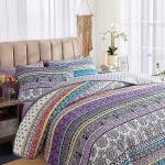 3 Pieces Colorful Bohemian Quilt Set Full Queen Size, Purple n Grey Boho Striped Printed Bedding Bedspread Coverlet Set for Summer, Soft Lightweight Microfiber Quilt with 2 Shams (88x88 inces)