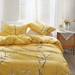 WONGS BEDDING Yellow Floral Duvet Cover Set Queen, 3 Pieces Flower Plum Blossom Printed Bedding Set with 2 Pillowcases, Botanical Branch Comforter Cover Set Queen Size 90"X90"(Not Comforter)