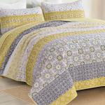 WONGS BEDDING Boho Quilt Set Queen, Yellow Bohemian Striped Patchwork Bedspread Coverlet Set with 2 Pillowcases,Lightweight Microfiber Floral Bedding Set 96"×90"