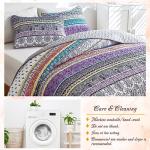 3 Pieces Colorful Bohemian Quilt Set Full Queen Size, Purple n Grey Boho Striped Printed Bedding Bedspread Coverlet Set for Summer, Soft Lightweight Microfiber Quilt with 2 Shams (88x88 inces)