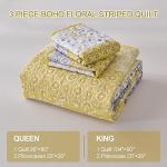 WONGS BEDDING Boho Quilt Set Queen, Yellow Bohemian Striped Patchwork Bedspread Coverlet Set with 2 Pillowcases,Lightweight Microfiber Floral Bedding Set 96"×90"
