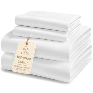 LANE LINEN No Pill Fade Resistant 100% Egyptian Cotton Sheets King Size, Soft & Comfy Naturally Cooling Fully Elaticized Reinforced Seams 16 inch Deep Pocket King Size Sheets Set- Snow White