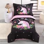 Wowelife Toddler Unicorn Bedding Set for Girls, 4 Piece Unicorn Toddler Bed Sets Black Rainbow Floral, Toddler Comforter Set Stars with Comforter, Flat Sheet, Fitted Sheet and Pillowcase