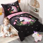 Wowelife Toddler Unicorn Bedding Set for Girls, 4 Piece Unicorn Toddler Bed Sets Black Rainbow Floral, Toddler Comforter Set Stars with Comforter, Flat Sheet, Fitted Sheet and Pillowcase
