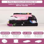 Wowelife Toddler Unicorn Bedding Set for Girls, 4 Piece Unicorn Toddler Bed Sets Black Rainbow Floral, Toddler Comforter Set Stars with Comforter, Flat Sheet, Fitted Sheet and Pillowcase